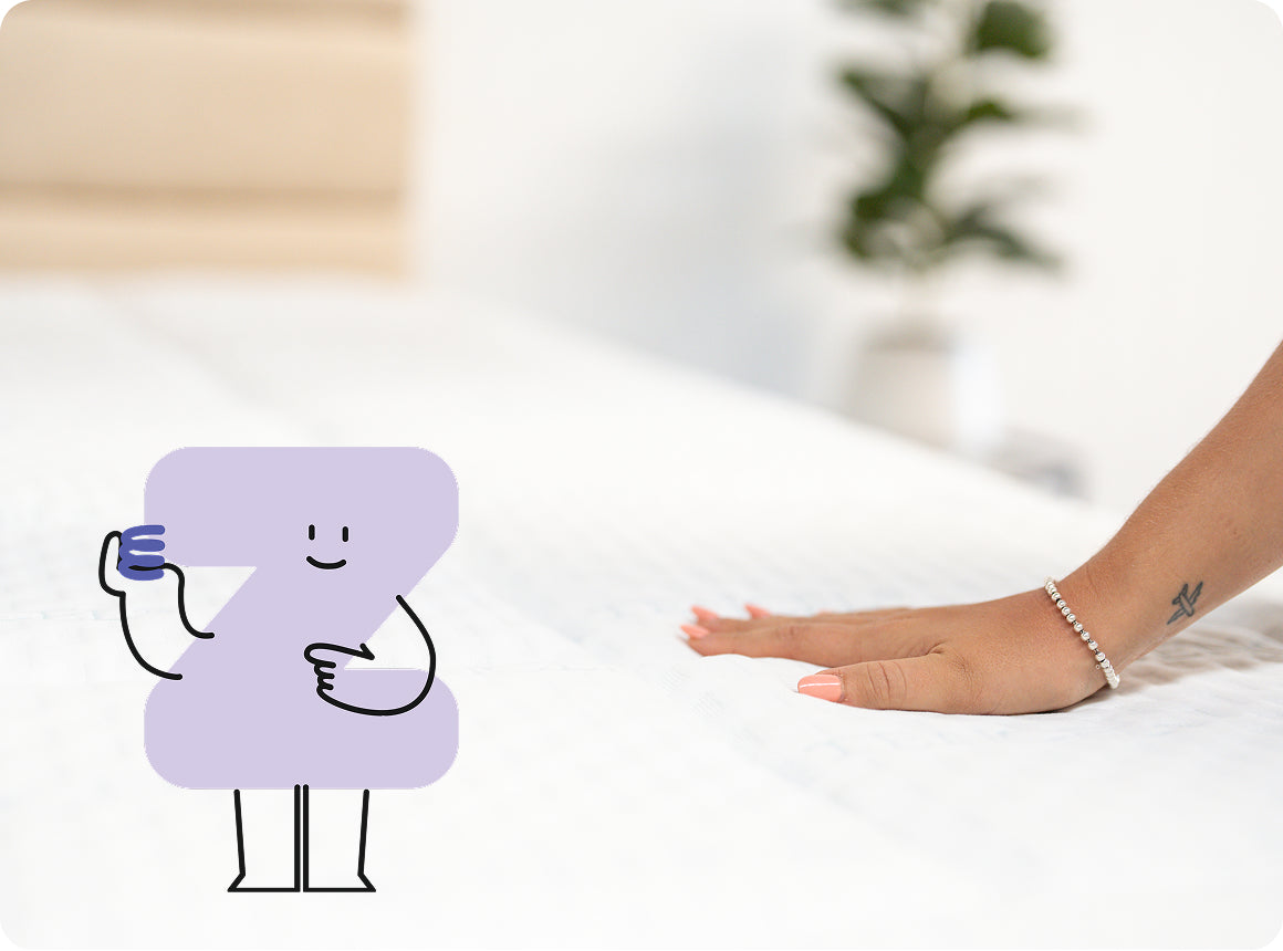 Purple Naptime character holding a blue spring next to a person's hand on a blurred background